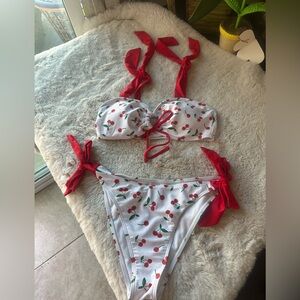 Cherry Print Red and White Bikini Set